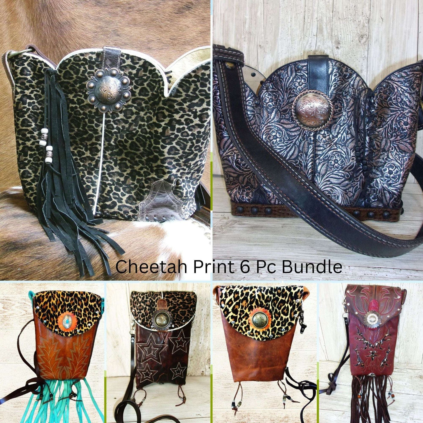 Cheetah Print Western Purse 6Pc Bundle | Fringe & Crossbody handcrafted from cowboy boots. Shop  at ChrisThompsonBags.com and buy the best ["cheetah"] at Chris Thompson Bags.