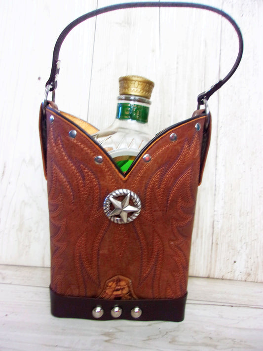 Cowboy Boot Whiskey Tote CR201 handcrafted from cowboy boots. Shop Barware at ChrisThompsonBags.com and buy the best country bridesmaid, country wedding gift, cowboy gift, cowgirl gift, cowgirl party bag, crown royal tote, groomsman gift, rodeo party, rustic liquor tote, western gift, western wedding gift, whiskey caddy, whiskey lover gift at Chris Thompson Bags.