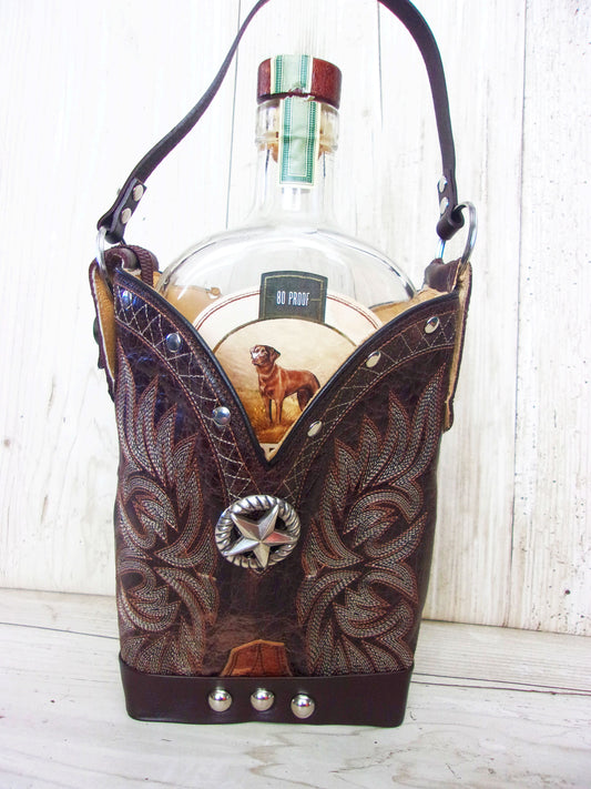 Cowboy Boot Whiskey Tote CR202 handcrafted from cowboy boots. Shop Barware at ChrisThompsonBags.com and buy the best country bridesmaid, country wedding gift, cowboy gift, cowgirl gift, cowgirl party bag, crown royal tote, groomsman gift, rodeo party, rustic liquor tote, western gift, western wedding gift, whiskey caddy, whiskey lover gift at Chris Thompson Bags.