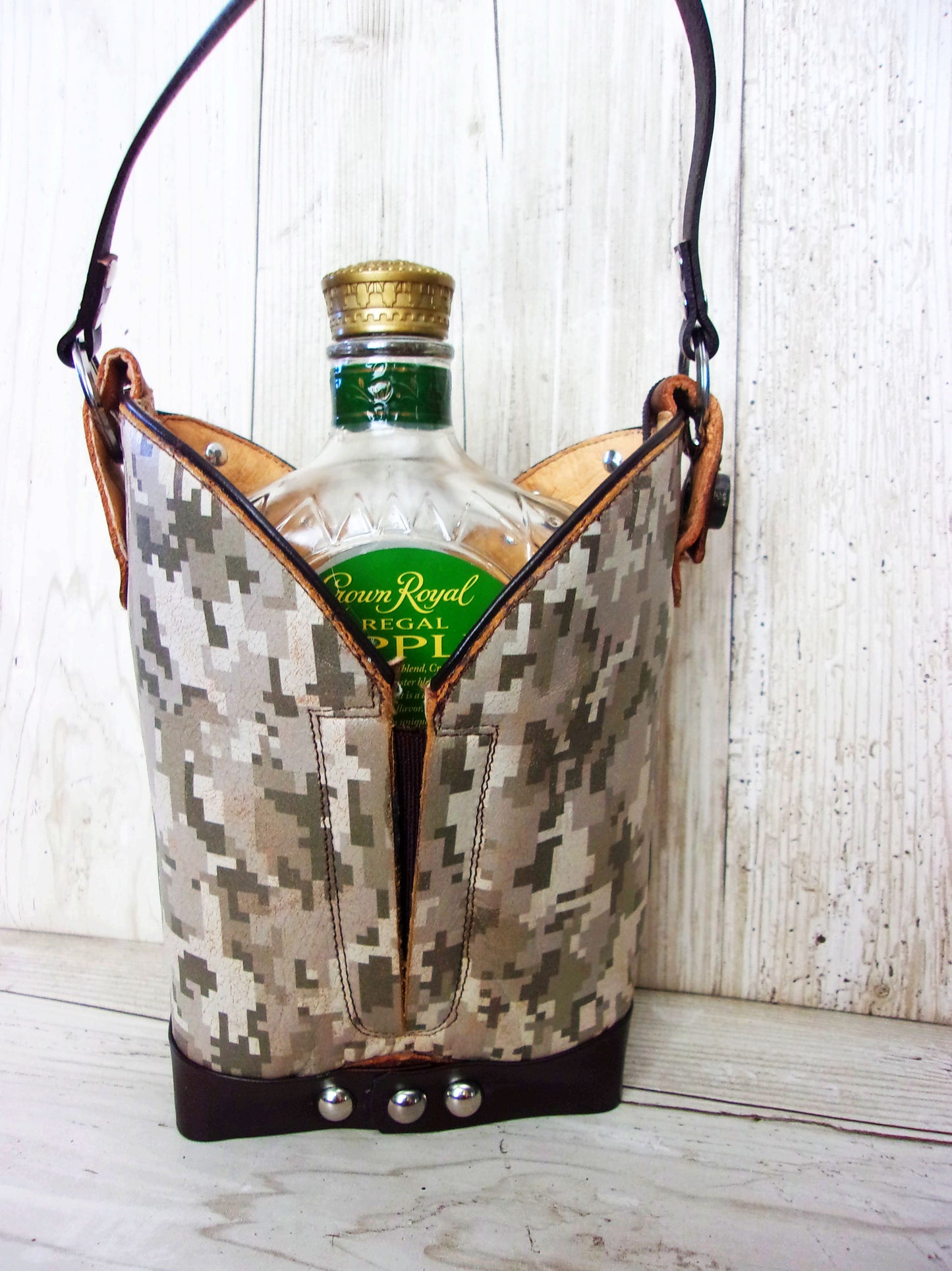 Cowboy Boot Whiskey Tote CR221 handcrafted from cowboy boots. Shop Barware at ChrisThompsonBags.com and buy the best country bridesmaid, country wedding gift, cowboy gift, cowgirl gift, cowgirl party bag, crown royal tote, groomsman gift, rodeo party, rustic liquor tote, western gift, western wedding gift, whiskey caddy, whiskey lover gift at Chris Thompson Bags.