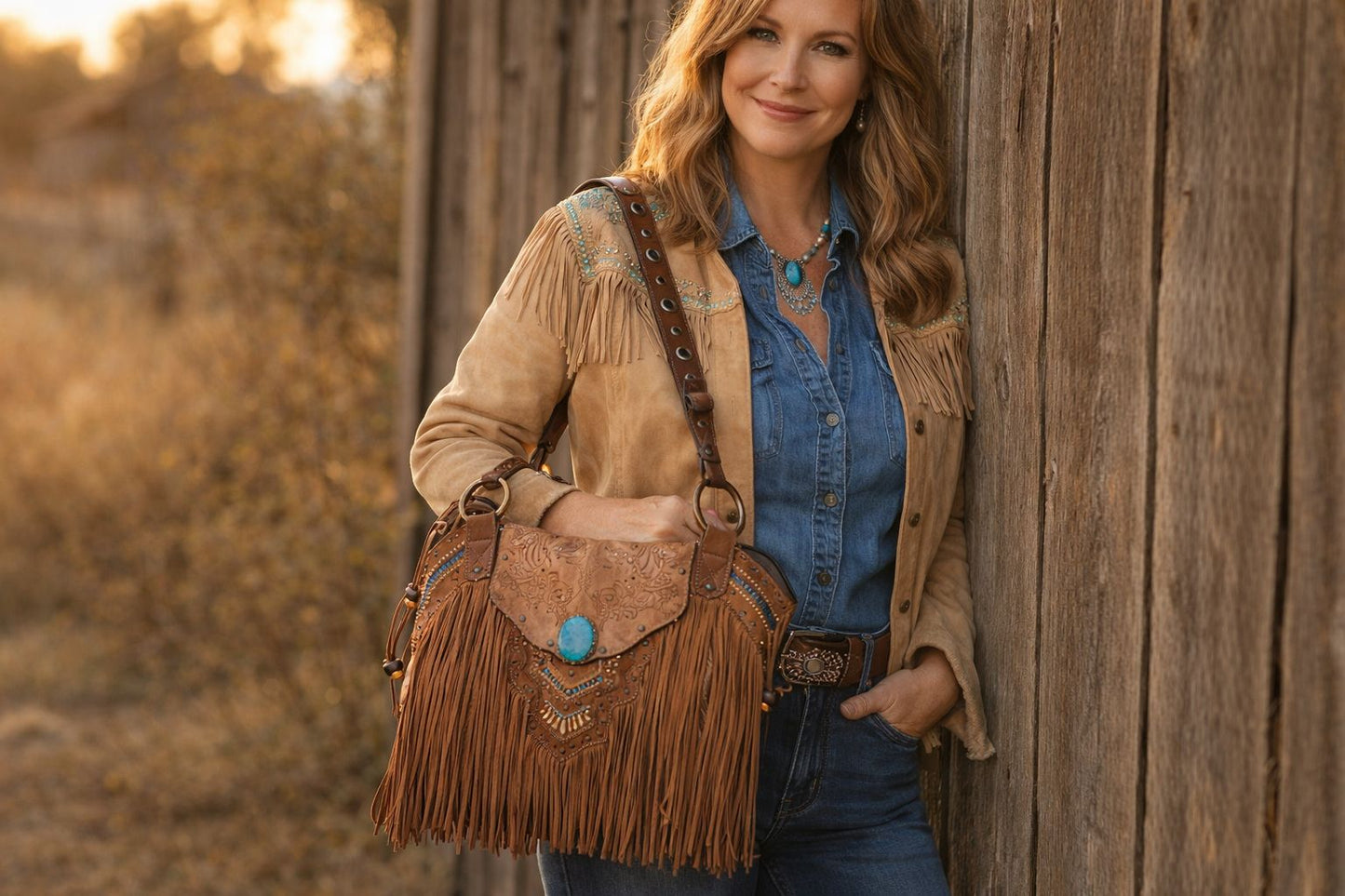 Woman holding a fringed leather bag against a wooden wall.
