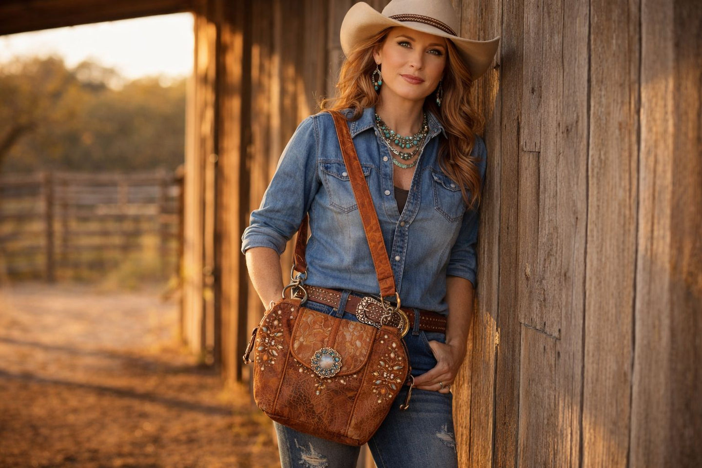 Woman in cowboy hat and denim outfit holding a brown leather purse against a wooden building.