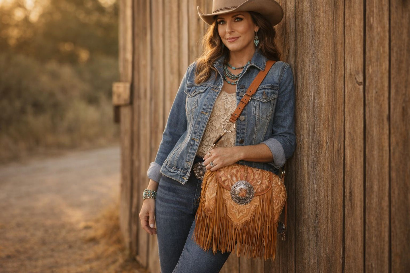 Woman in cowboy hat and denim jacket holding a brown leather purse with a wooden background