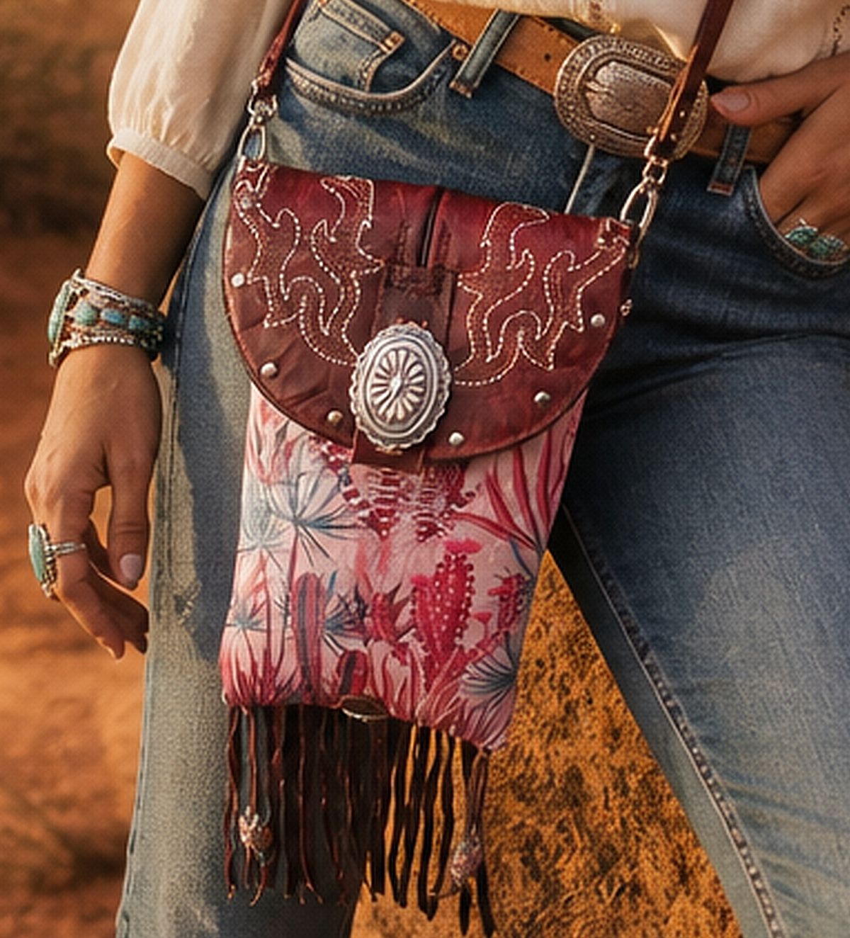 Person wearing a decorative leather bag with floral pattern and fringe, standing in a desert setting.