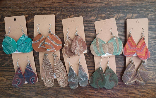 Handcrafted Cowboy Boot Leather Earrings – Assorted 10 Pair Wholesale Bundle handcrafted from cowboy boots. Shop  at ChrisThompsonBags.com and buy the best ["Accessory","Earrings"] at Chris Thompson Bags.