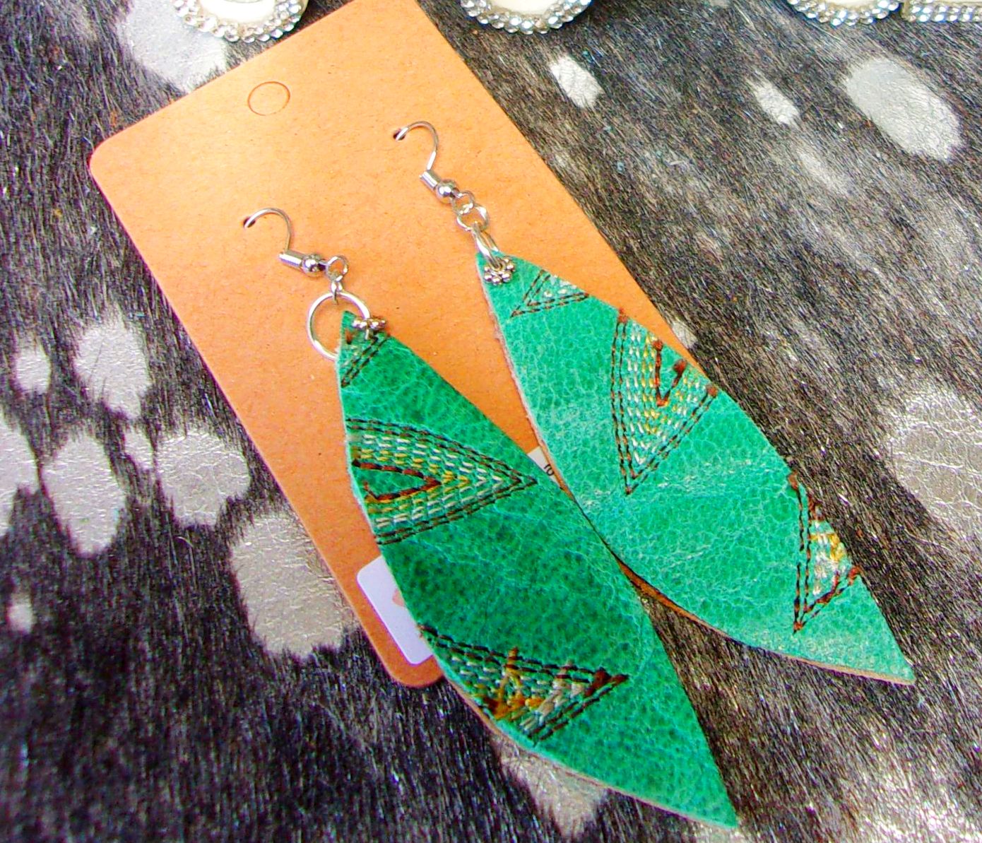 Leather Earrings ER01 handcrafted from cowboy boots. Shop jewelry at ChrisThompsonBags.com and buy the best Cowgirl Chic, cowgirl earrings, cowgirl gift, cowgirl style, eco friendly fashion, leather earrings, recycled cowboyboots, sustainable jewelry at Chris Thompson Bags.