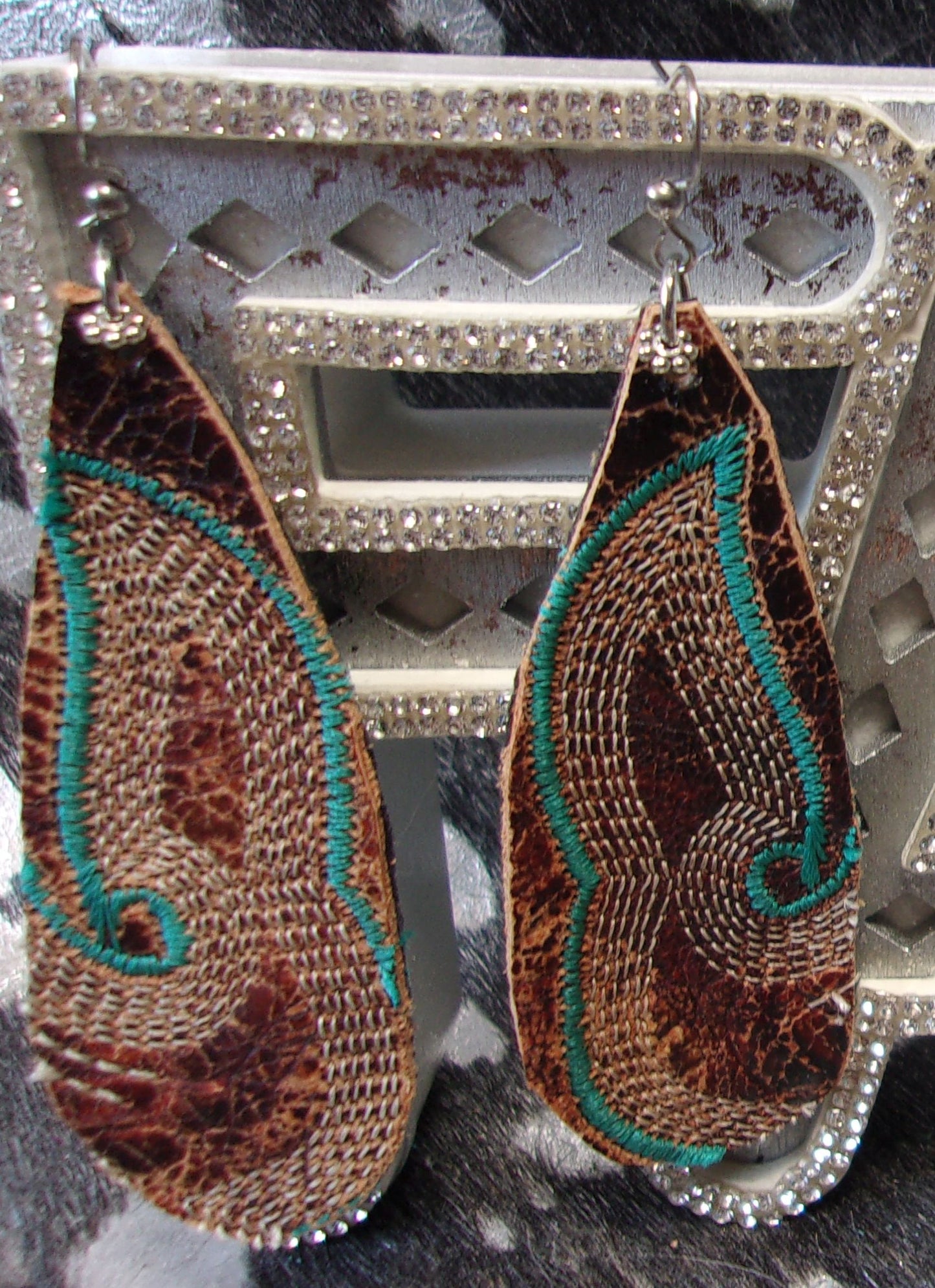 Leather Earrings ER21 handcrafted from cowboy boots. Shop jewelry at and buy the best cowboy boot scraps, cowgirl earrings, eco friendly fashion, hippie earrings, leather earrings, leather jewelry, recycled fashion, sustainable jewelry, unique earrings at Chris Thompson Bags.