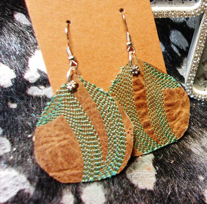 Leather Earrings ER64 handcrafted from cowboy boots. Shop jewelry at and buy the best cowboy boot scraps, cowgirl earrings, eco friendly fashion, hippie earrings, leather earrings, leather jewelry, recycled fashion, sustainable jewelry, unique earrings at Chris Thompson Bags.