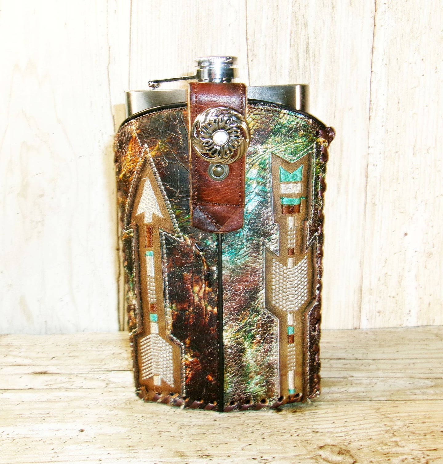 leather flask with cammo arrows