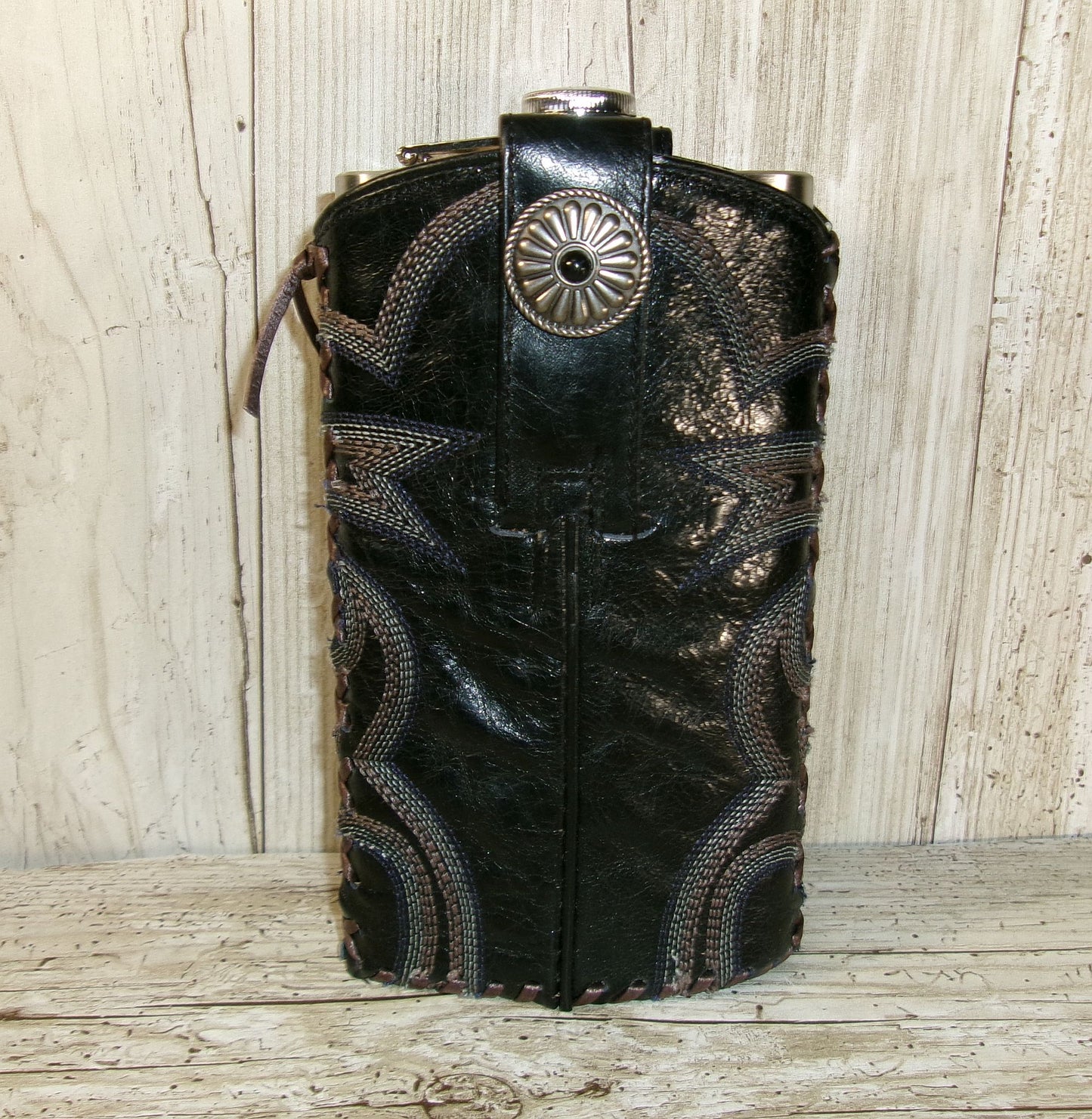 black leather boot flask