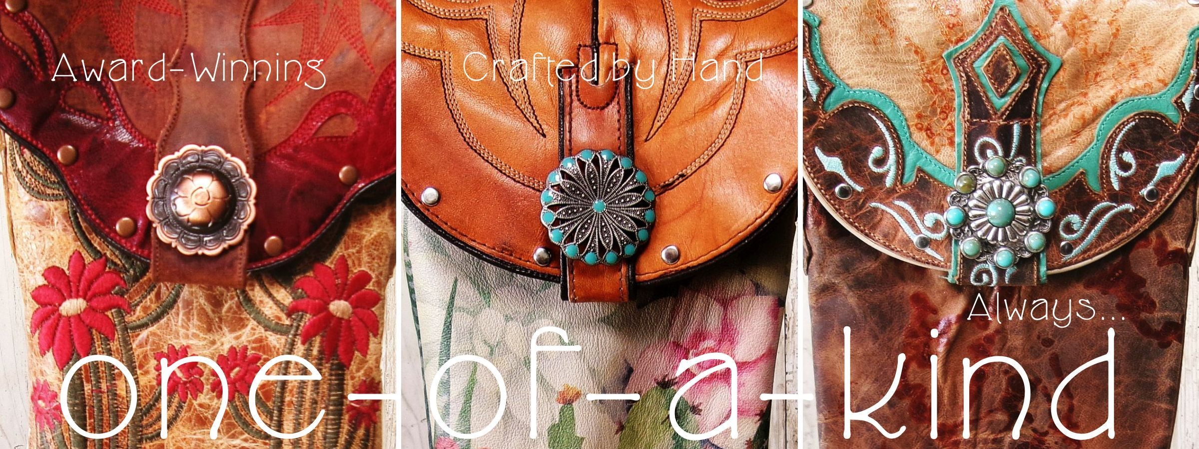 Three decorative leather purses with intricate designs and text on a white background handcrafted from cowboy boots by chris thompson