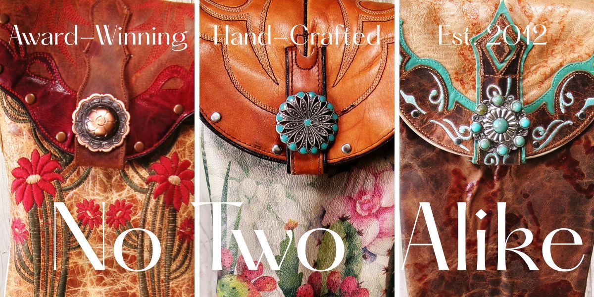 Three leather bags with decorative elements and text on a floral background