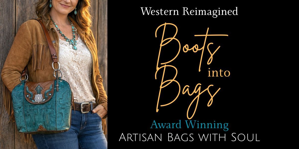 Woman holding a blue bag with leather accents, wearing a brown jacket and blue jeans, against a wooden background. 'Western Reimagined Boots into Bags' text on the right.