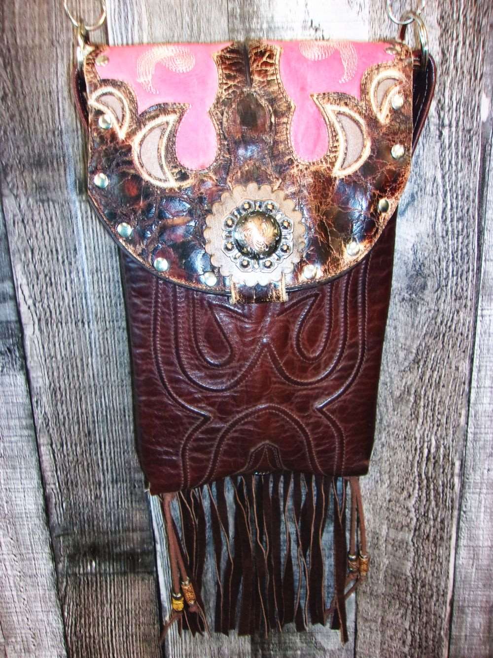 Cowboy Boot Crossbody Fringe Hipster Bag HP1000 handcrafted from cowboy boots. Shop all unique leather western handbags, purses and totes at Chris Thompson Bags