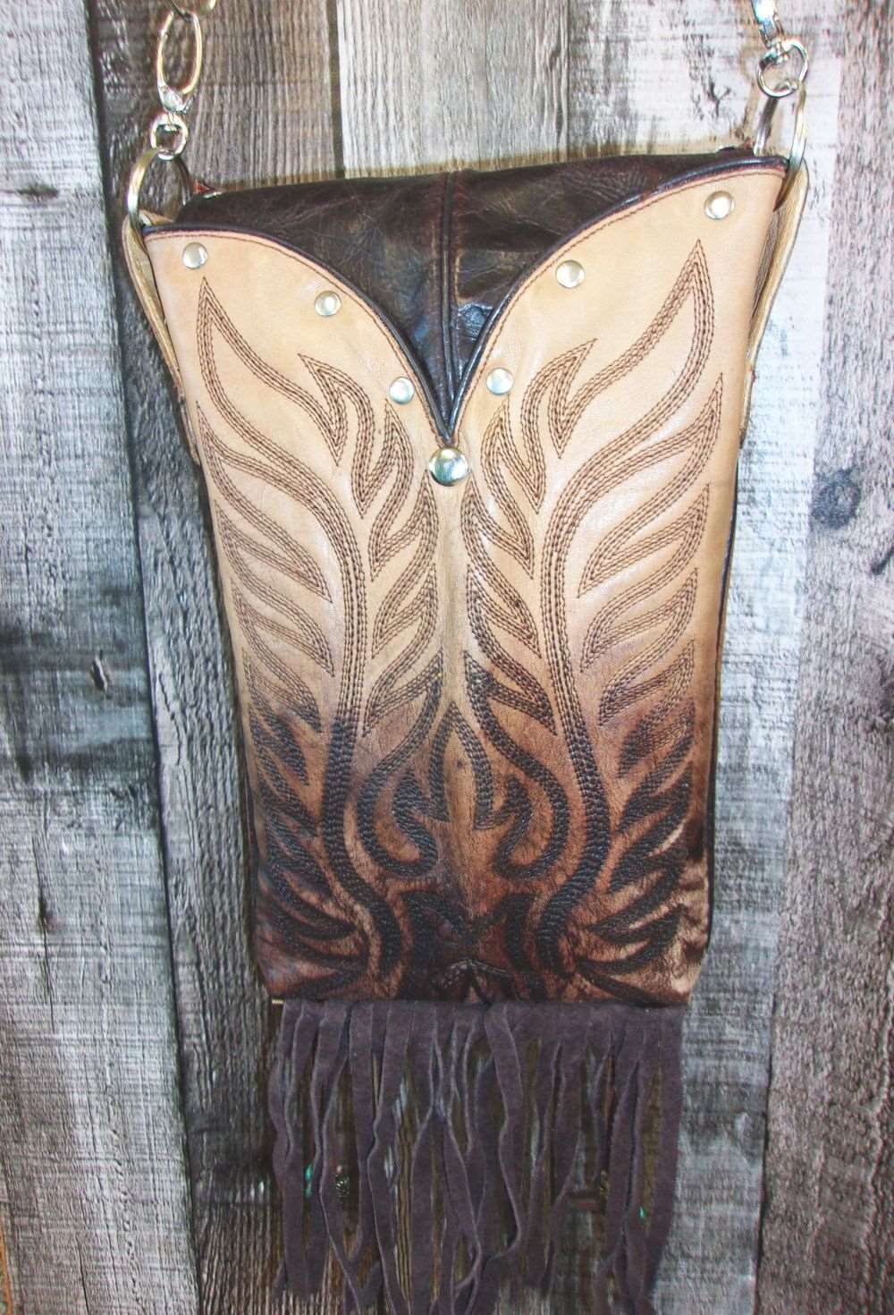 Cowboy Boot Crossbody Fringe Hipster Bag HP1019 handcrafted from cowboy boots. Shop all unique leather western handbags, purses and totes at Chris Thompson Bags