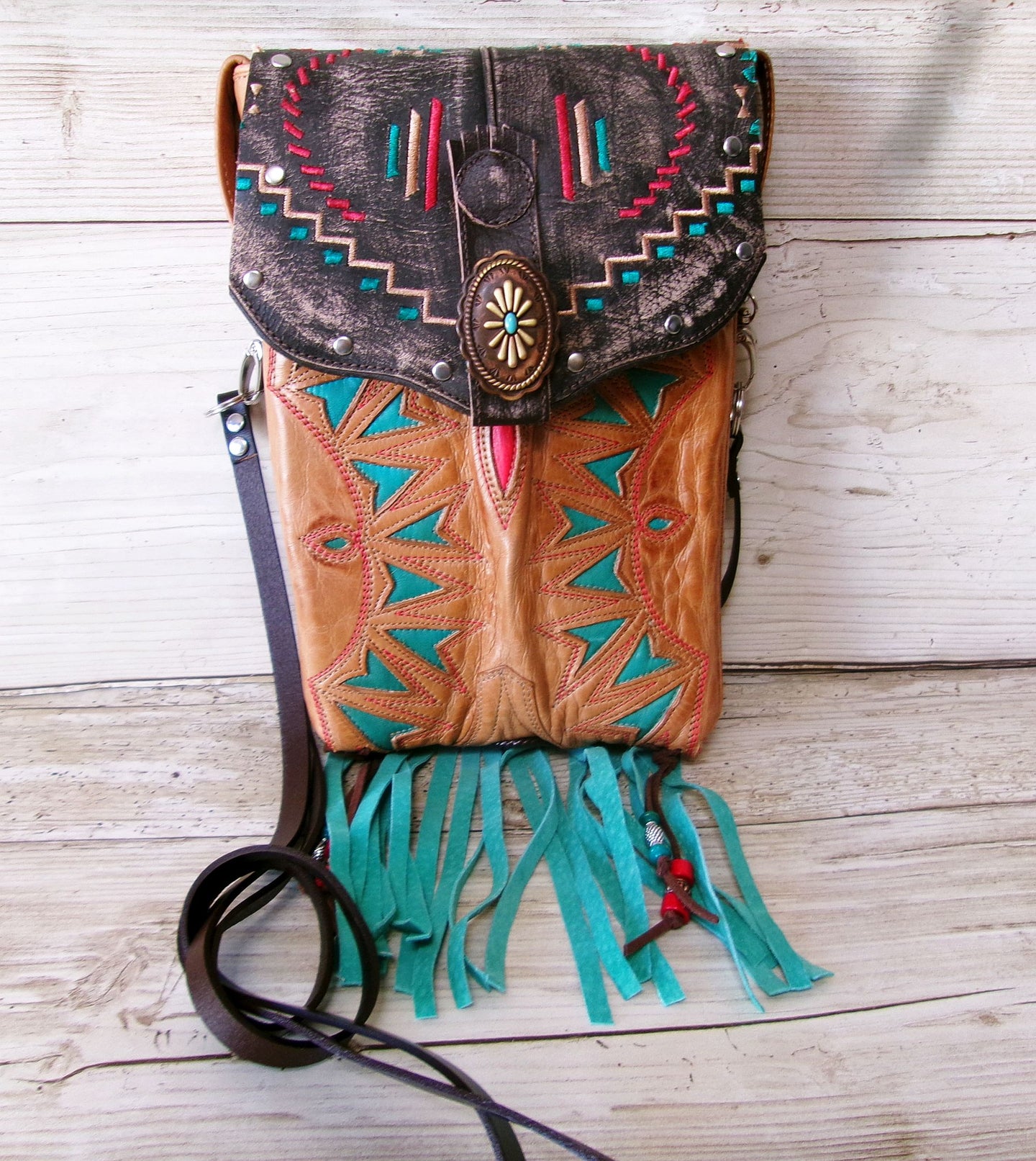 brown colorful boot purse