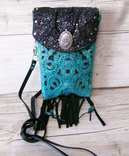 turquoise and sparke cowboy boot purse