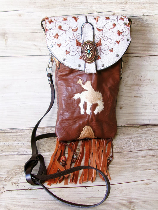 handmade brown boot purse with horse