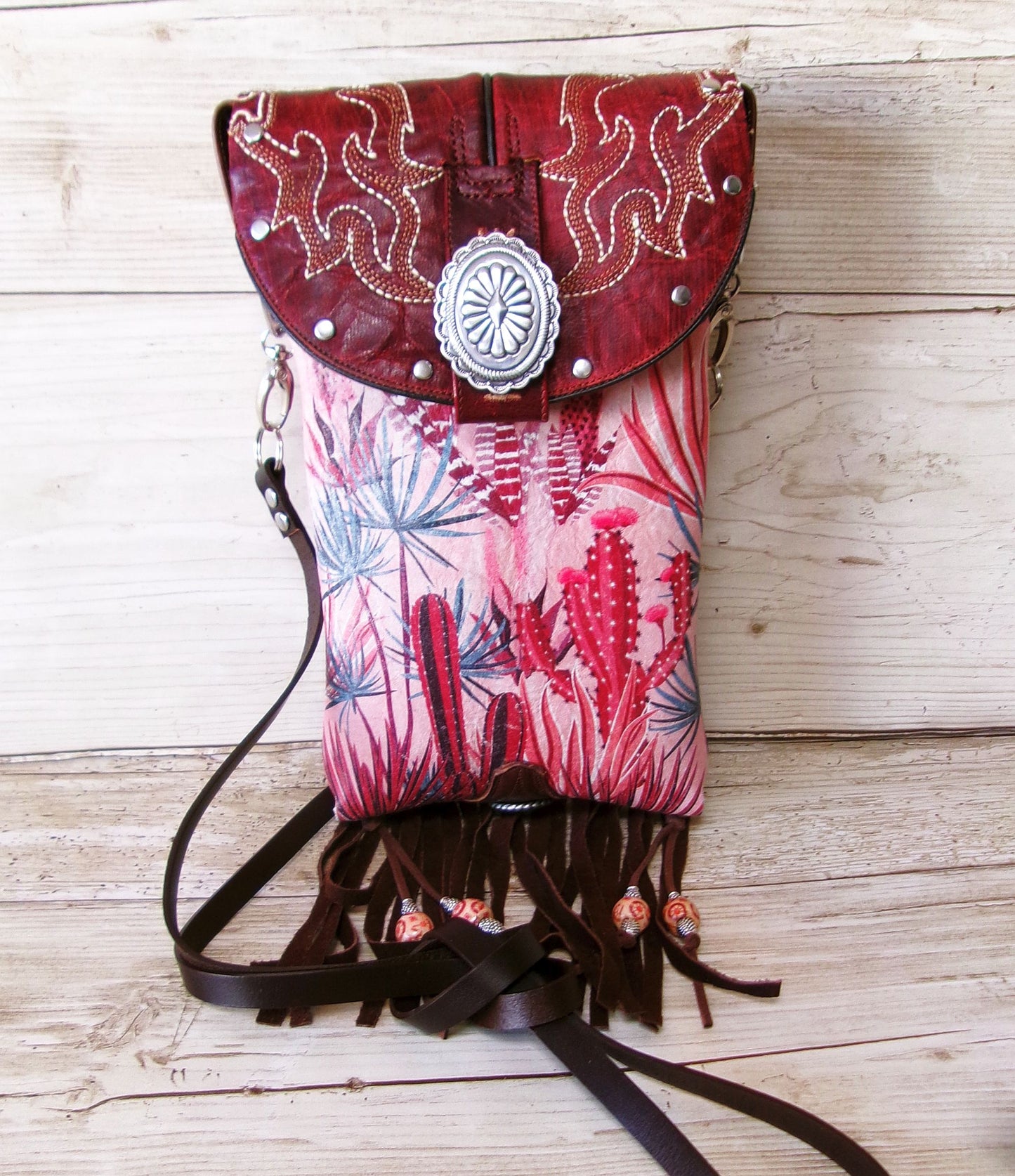 red cactus boot purse with strap
