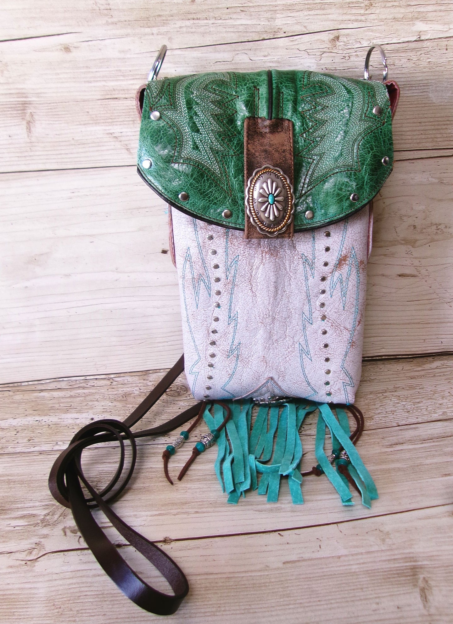 white and green boot purse with strap