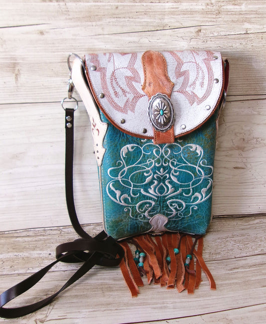 turquoise and white boot purse with crossbody strap