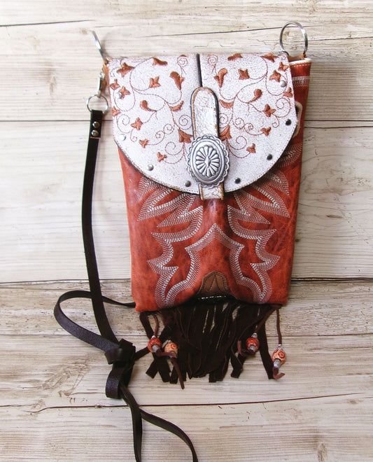 orange and white boot purse with strap