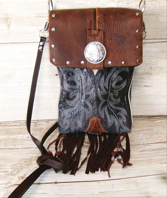 blue and brown boot purse with fringe