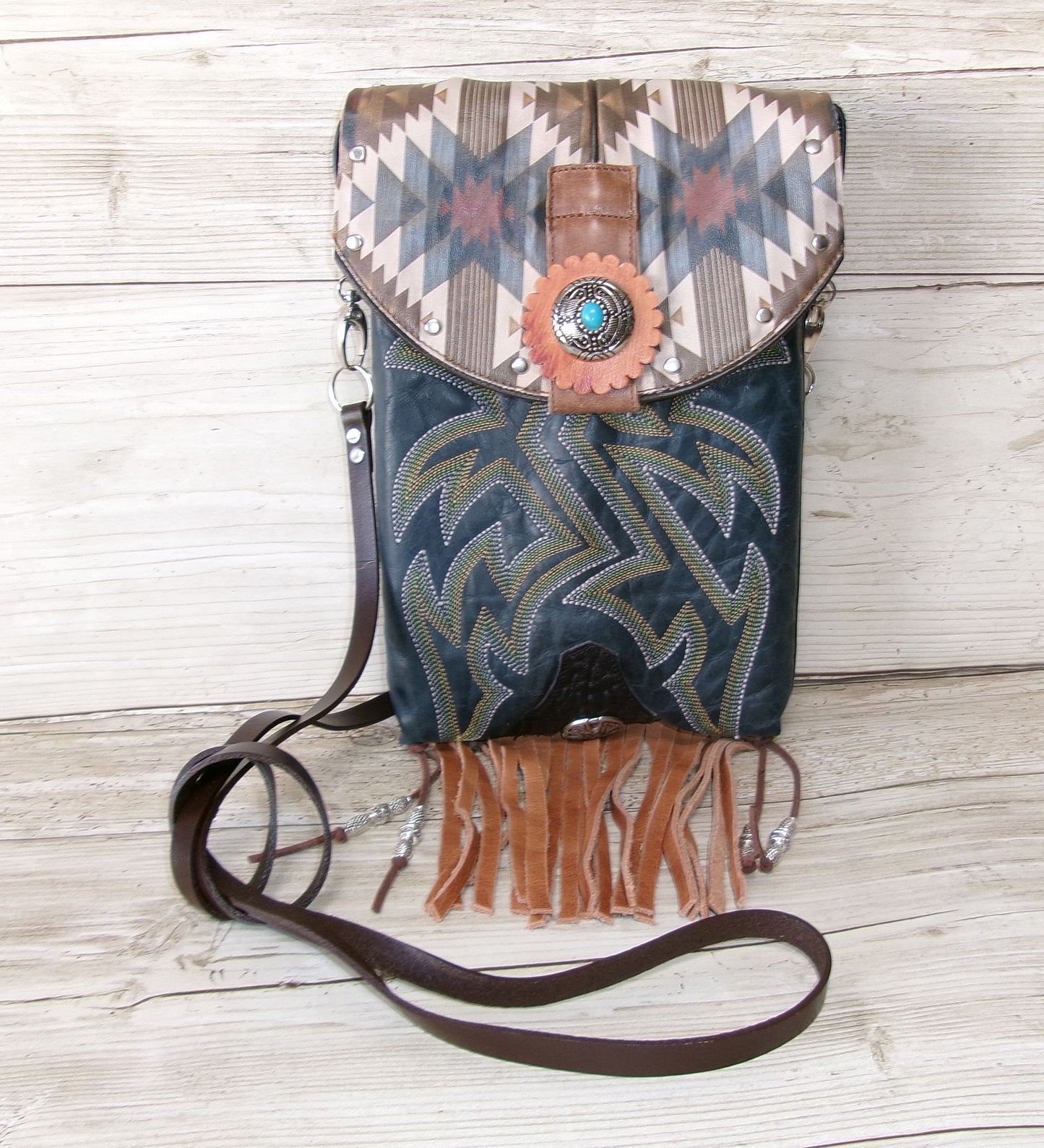 blue southwestern cowboy boot purse