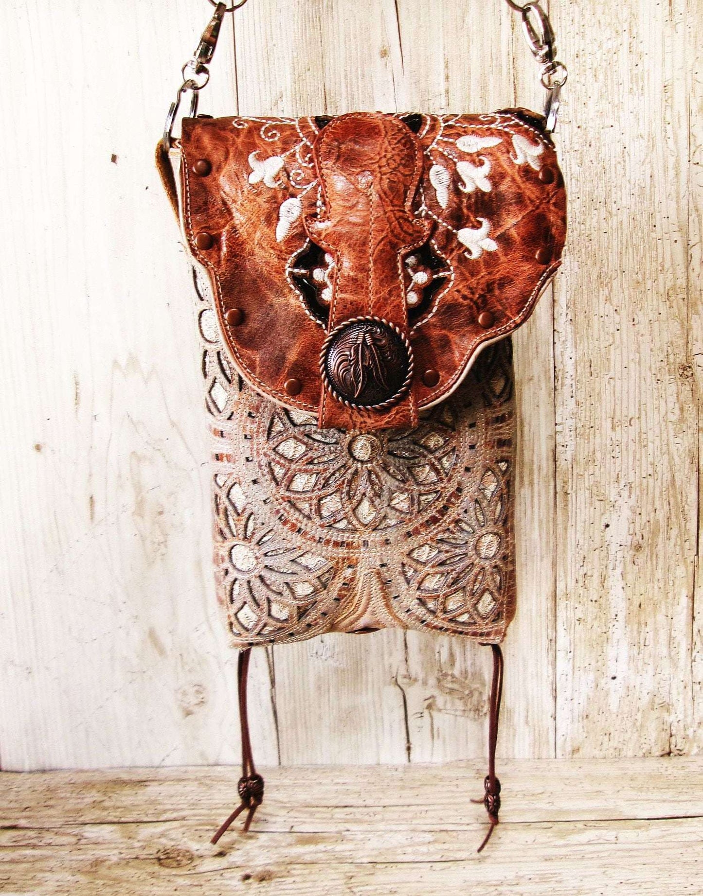 Cowboy Boot Crossbody Hipster Bag HP1119 handcrafted from cowboy boots. Shop Handbags at ChrisThompsonBags.com and buy the best ["Crossbody","feathers","fringe","glitter","Hipster","Small"] at Chris Thompson Bags.