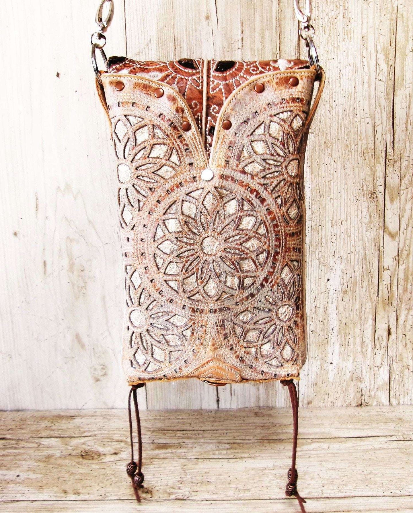 Cowboy Boot Crossbody Hipster Bag HP1119 handcrafted from cowboy boots. Shop Handbags at ChrisThompsonBags.com and buy the best ["Crossbody","feathers","fringe","glitter","Hipster","Small"] at Chris Thompson Bags.