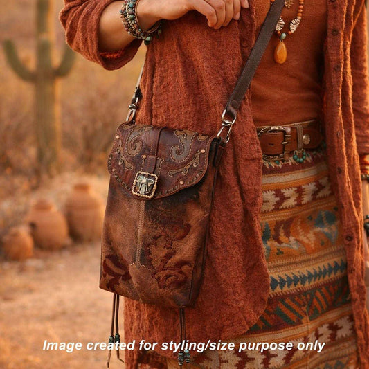 Cowboy Boot Crossbody Hipster Bag HP1120 handcrafted from cowboy boots. Shop Handbags at ChrisThompsonBags.com and buy the best ["Crossbody","fringe","Hipster","phoenix","Small","thunderbird","Turquoise"] at Chris Thompson Bags.