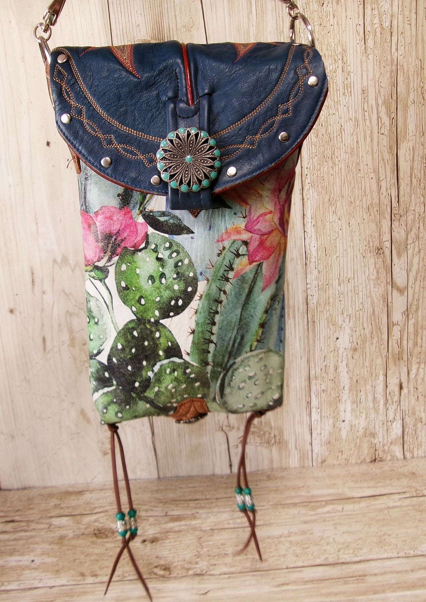 Cowboy Boot Crossbody Hipster Bag HP1121 handcrafted from cowboy boots. Shop Handbags at ChrisThompsonBags.com and buy the best ["cactus","Crossbody","fringe","Hipster","Small","Turquoise"] at Chris Thompson Bags.
