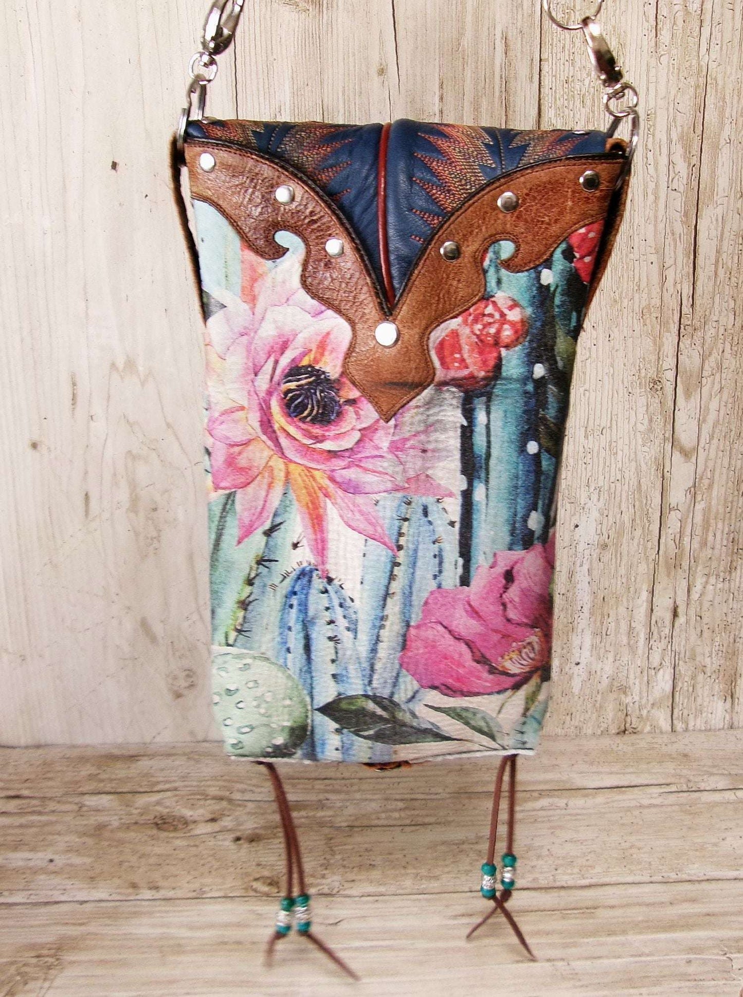 Cowboy Boot Crossbody Hipster Bag HP1121 handcrafted from cowboy boots. Shop Handbags at ChrisThompsonBags.com and buy the best ["cactus","Crossbody","fringe","Hipster","Small","Turquoise"] at Chris Thompson Bags.