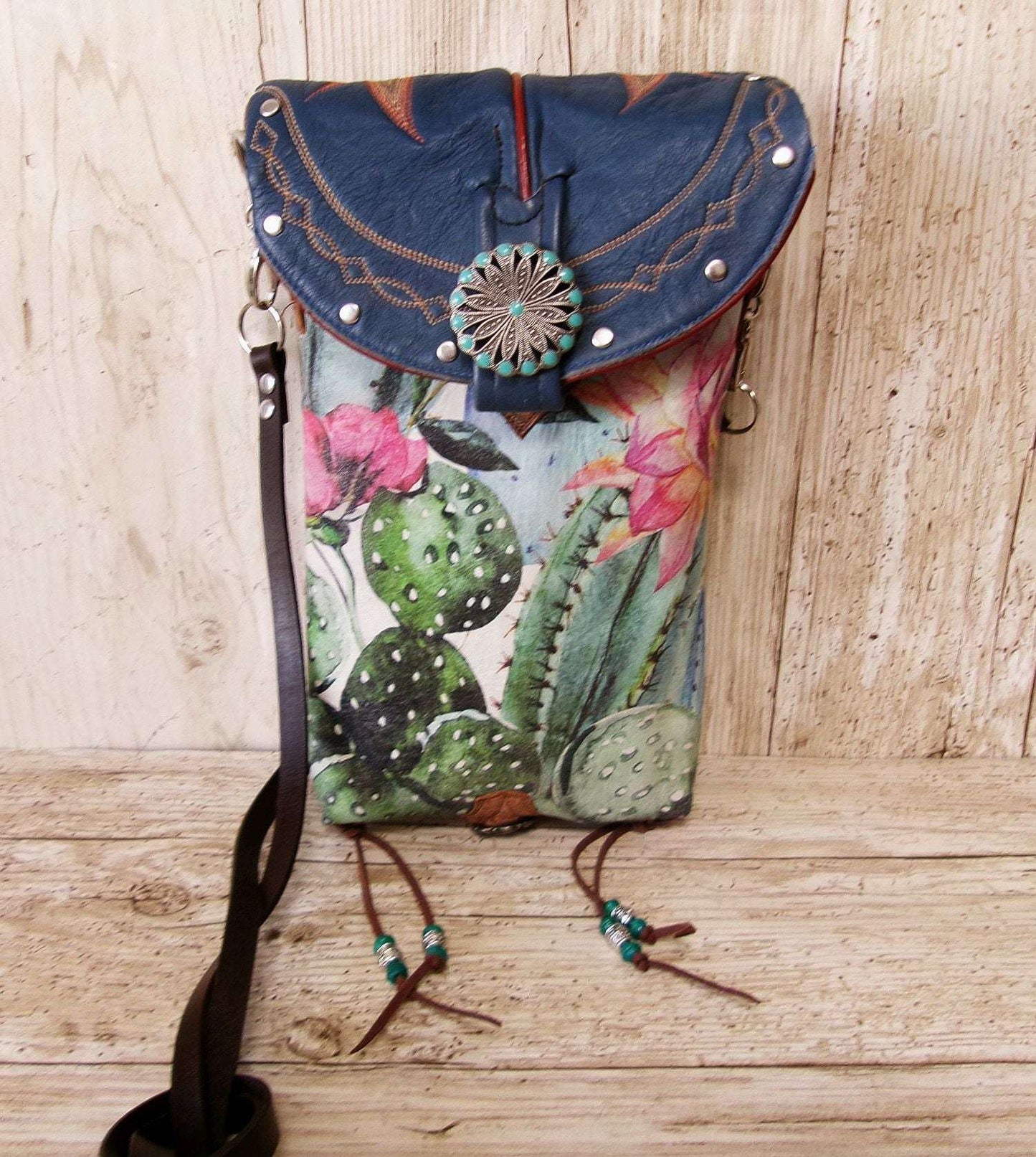 Cowboy Boot Crossbody Hipster Bag HP1121 handcrafted from cowboy boots. Shop Handbags at ChrisThompsonBags.com and buy the best ["cactus","Crossbody","fringe","Hipster","Small","Turquoise"] at Chris Thompson Bags.