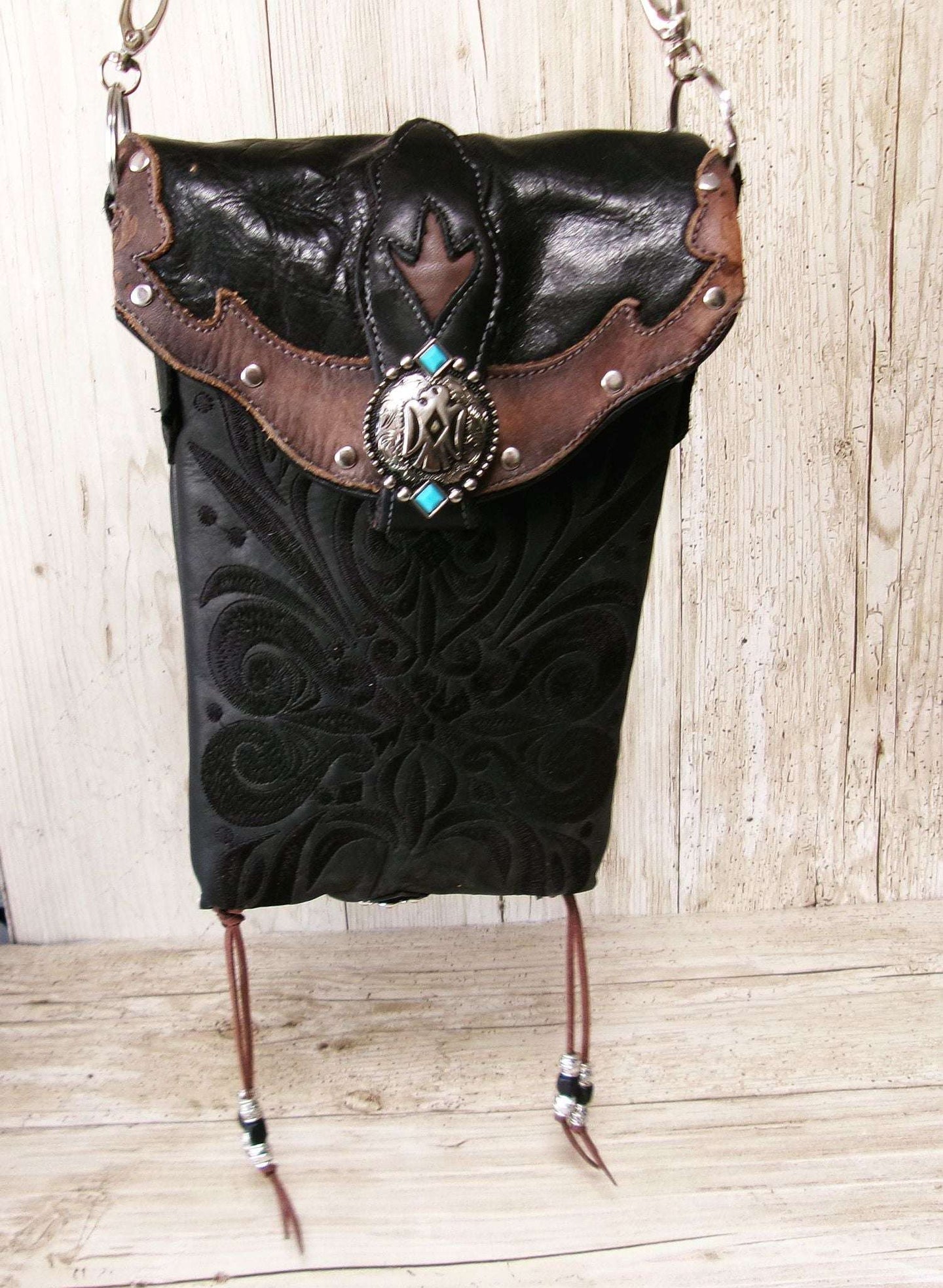 Cowboy Boot Crossbody Hipster Bag HP1122 handcrafted from cowboy boots. Shop Handbags at ChrisThompsonBags.com and buy the best ["Crossbody","fringe","Hipster","phoenix","Small","thunderbird","Turquoise"] at Chris Thompson Bags.