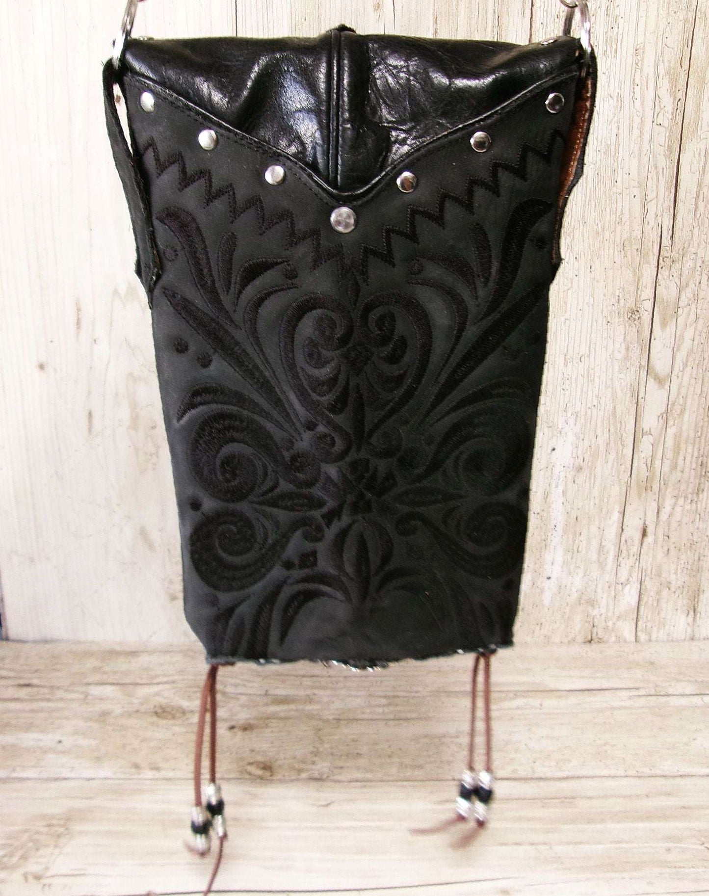 Cowboy Boot Crossbody Hipster Bag HP1122 handcrafted from cowboy boots. Shop Handbags at ChrisThompsonBags.com and buy the best ["Crossbody","fringe","Hipster","phoenix","Small","thunderbird","Turquoise"] at Chris Thompson Bags.