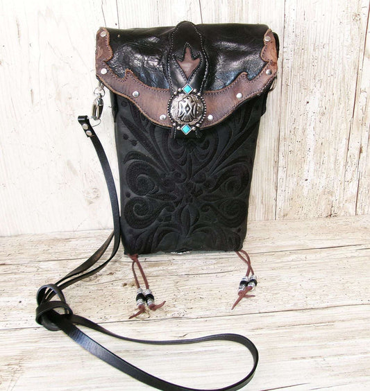 Cowboy Boot Crossbody Hipster Bag HP1122 handcrafted from cowboy boots. Shop Handbags at ChrisThompsonBags.com and buy the best ["Crossbody","fringe","Hipster","phoenix","Small","thunderbird","Turquoise"] at Chris Thompson Bags.