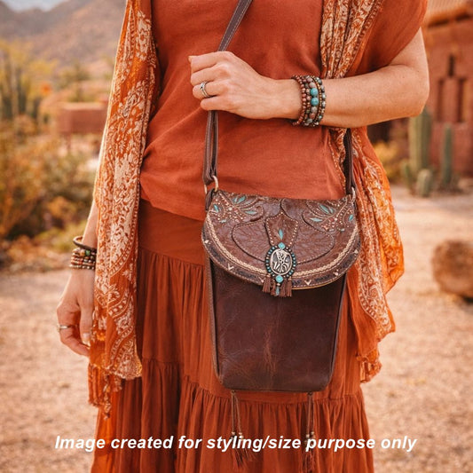 Cowboy Boot Crossbody Hipster Bag HP1123 handcrafted from cowboy boots. Shop Handbags at ChrisThompsonBags.com and buy the best ["Crossbody","fringe","Hipster","phoenix","Small","thunderbird","Turquoise"] at Chris Thompson Bags.
