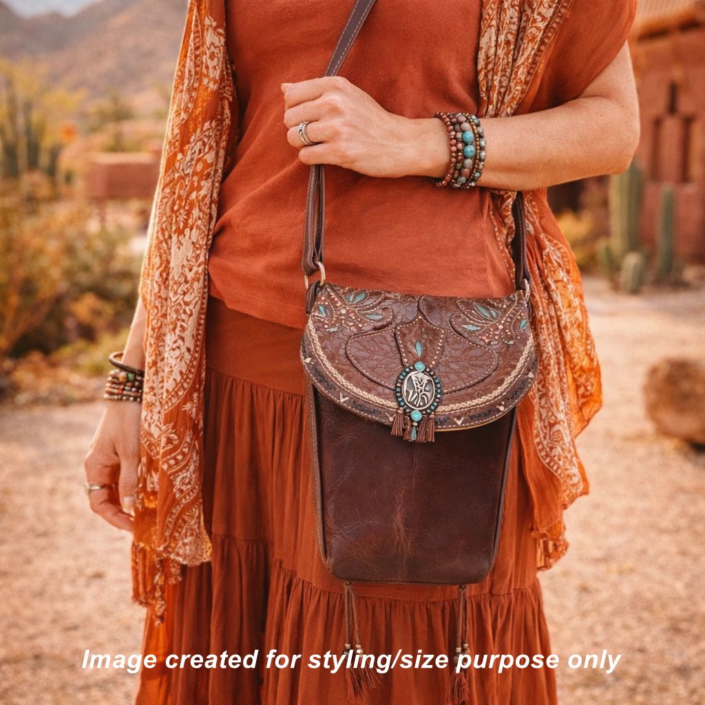 Cowboy Boot Crossbody Hipster Bag HP1123 handcrafted from cowboy boots. Shop Handbags at ChrisThompsonBags.com and buy the best ["Crossbody","fringe","Hipster","phoenix","Small","thunderbird","Turquoise"] at Chris Thompson Bags.