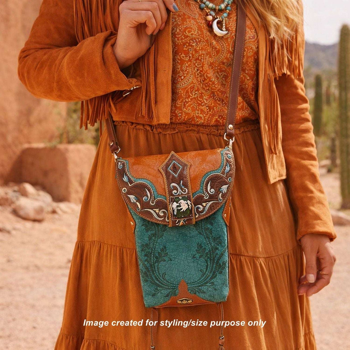Cowboy Boot Crossbody Hipster Bag HP1126 handcrafted from cowboy boots. Shop Handbags at ChrisThompsonBags.com and buy the best ["Crossbody","fringe","Hipster","phoenix","Small","thunderbird","Turquoise"] at Chris Thompson Bags.