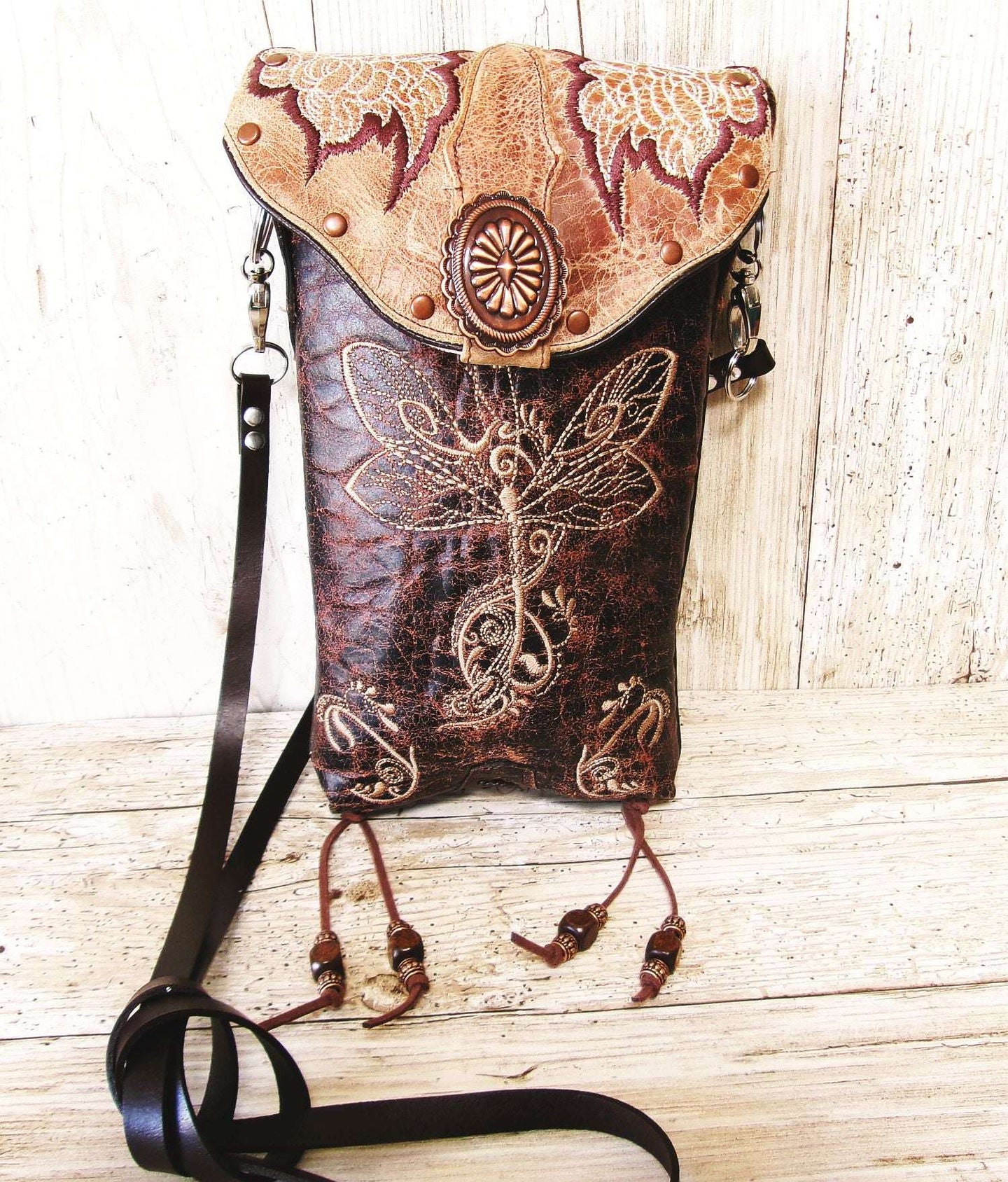 Cowboy Boot Crossbody Hipster Bag HP1129 handcrafted from cowboy boots. Shop Handbags at ChrisThompsonBags.com and buy the best ["Crossbody","dragonfly","fringe","Hipster","Small"] at Chris Thompson Bags.