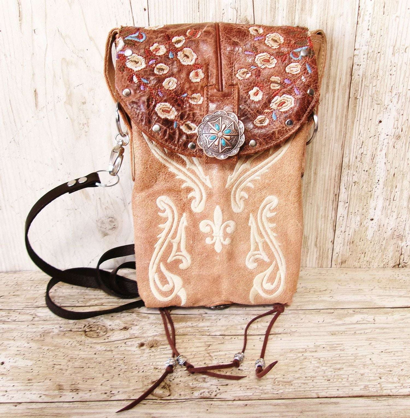 Cowboy Boot Crossbody Hipster Bag HP1132 handcrafted from cowboy boots. Shop Handbags at ChrisThompsonBags.com and buy the best ["Crossbody","floral","fringe","Hipster","Small"] at Chris Thompson Bags.