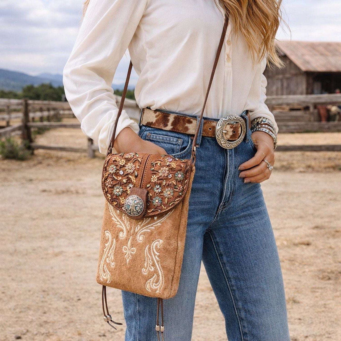 Cowboy Boot Crossbody Hipster Bag HP1132 handcrafted from cowboy boots. Shop Handbags at ChrisThompsonBags.com and buy the best ["Crossbody","floral","fringe","Hipster","Small"] at Chris Thompson Bags.