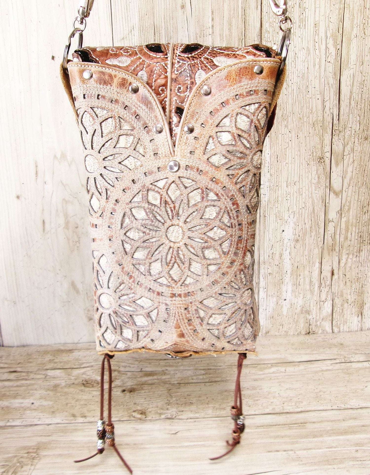 Cowboy Boot Crossbody Hipster Bag HP1133 handcrafted from cowboy boots. Shop Handbags at ChrisThompsonBags.com and buy the best ["Crossbody","fringe","glitter","Hipster","Small"] at Chris Thompson Bags.