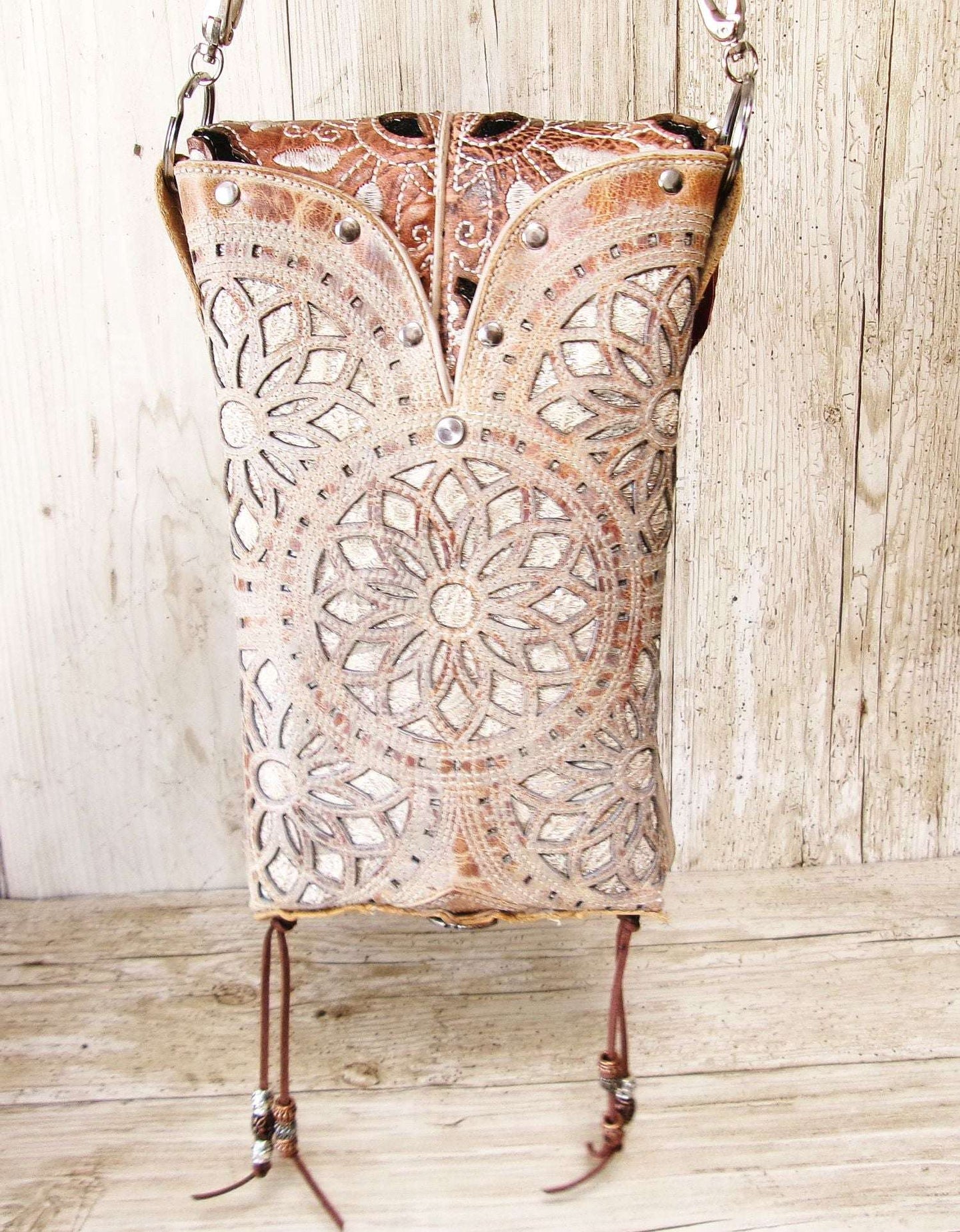 Cowboy Boot Crossbody Hipster Bag HP1133 handcrafted from cowboy boots. Shop Handbags at ChrisThompsonBags.com and buy the best ["Crossbody","fringe","glitter","Hipster","Small"] at Chris Thompson Bags.