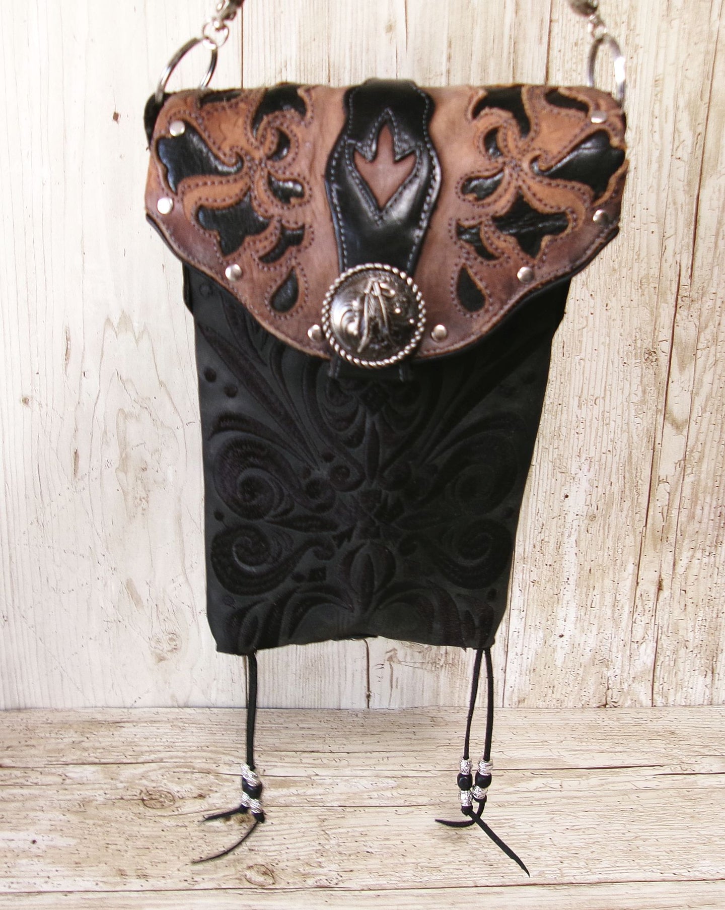 Cowboy Boot Crossbody Hipster Bag HP1134 handcrafted from cowboy boots. Shop Handbags at ChrisThompsonBags.com and buy the best ["Crossbody","feathers","fringe","Hipster","Small"] at Chris Thompson Bags.
