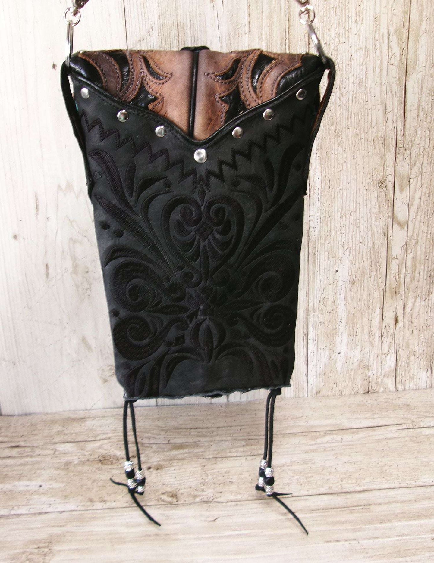Cowboy Boot Crossbody Hipster Bag HP1134 handcrafted from cowboy boots. Shop Handbags at ChrisThompsonBags.com and buy the best ["Crossbody","feathers","fringe","Hipster","Small"] at Chris Thompson Bags.