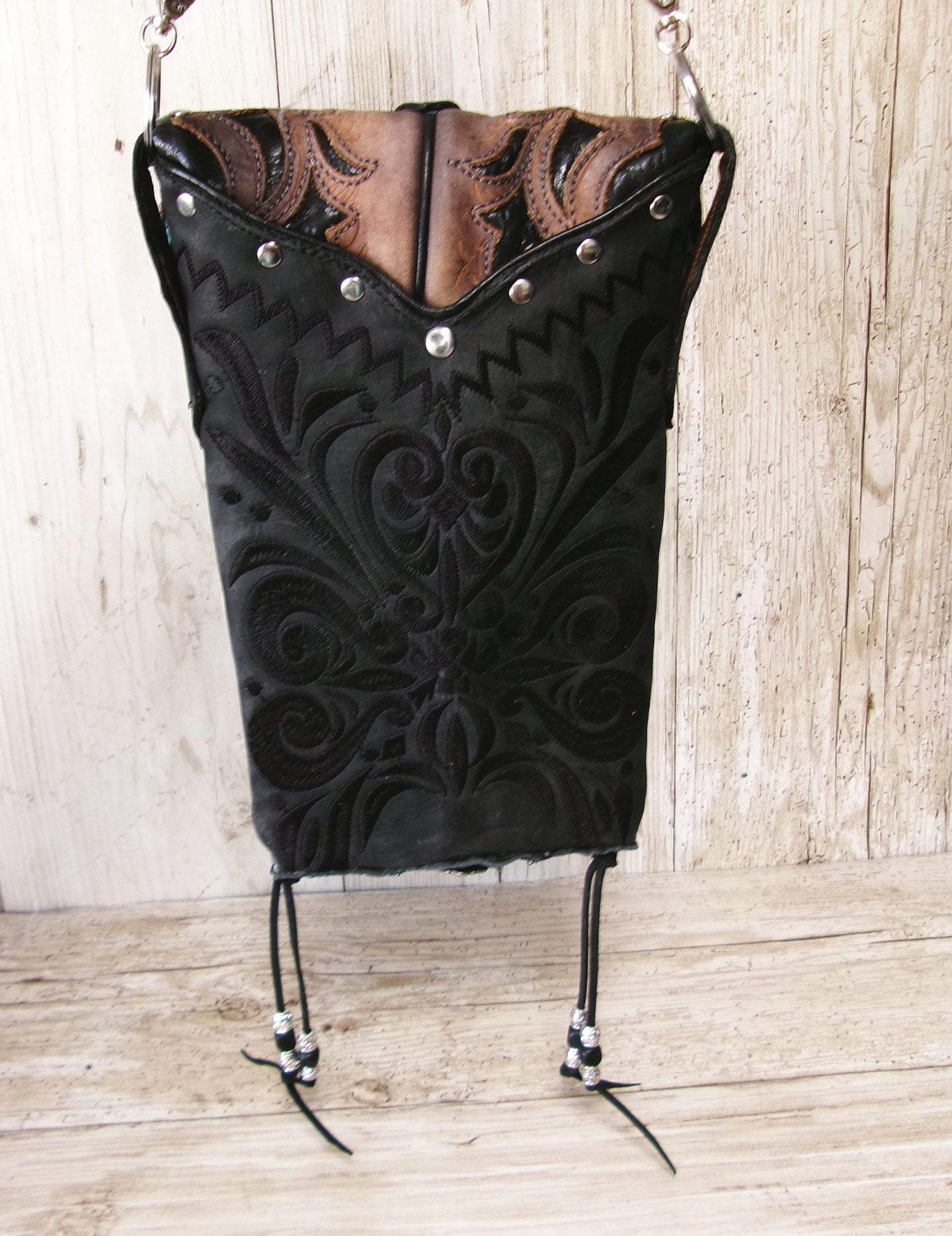 Cowboy Boot Crossbody Hipster Bag HP1134 handcrafted from cowboy boots. Shop Handbags at ChrisThompsonBags.com and buy the best ["Crossbody","feathers","fringe","Hipster","Small"] at Chris Thompson Bags.
