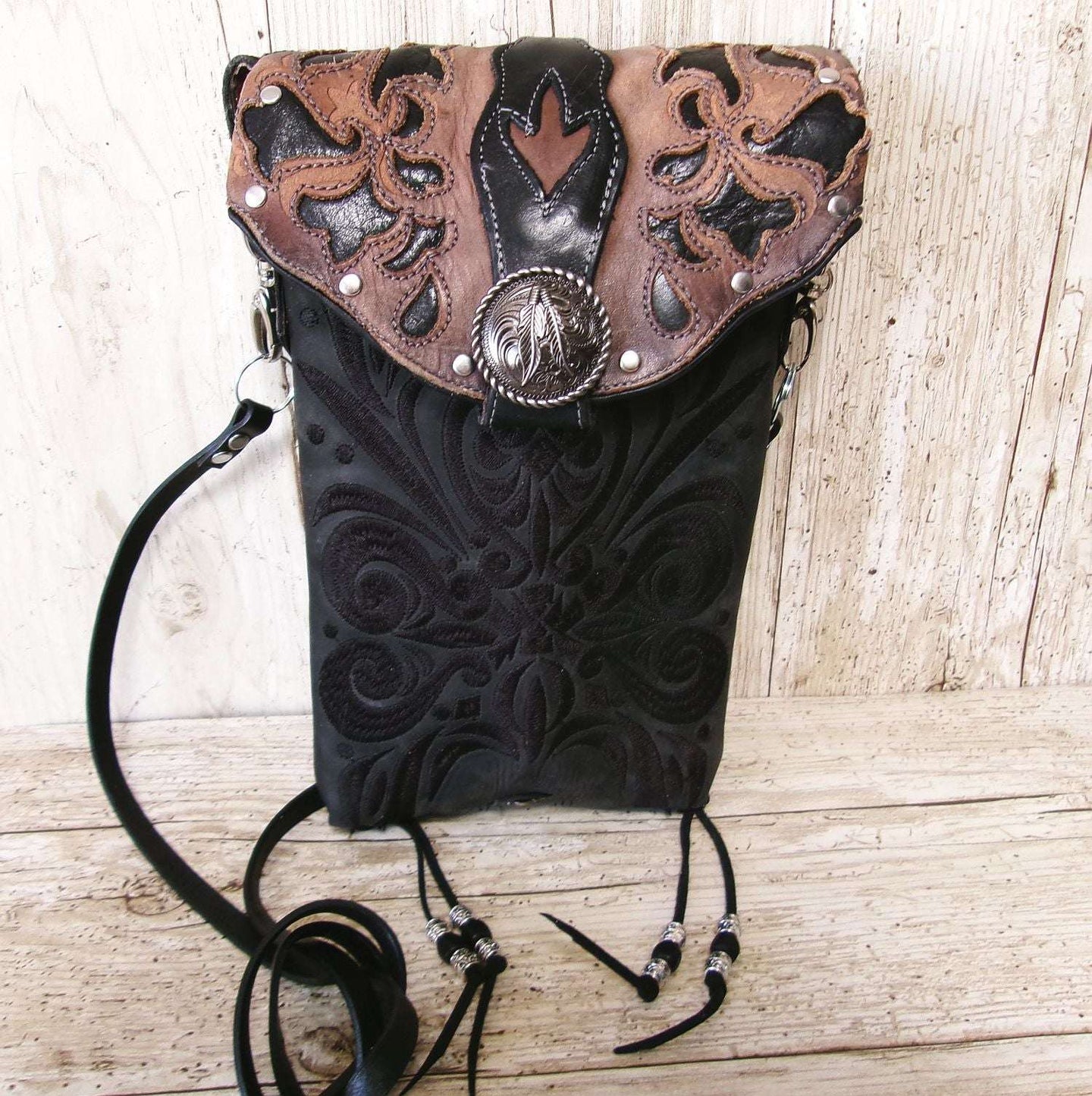 Cowboy Boot Crossbody Hipster Bag HP1134 handcrafted from cowboy boots. Shop Handbags at ChrisThompsonBags.com and buy the best ["Crossbody","feathers","fringe","Hipster","Small"] at Chris Thompson Bags.