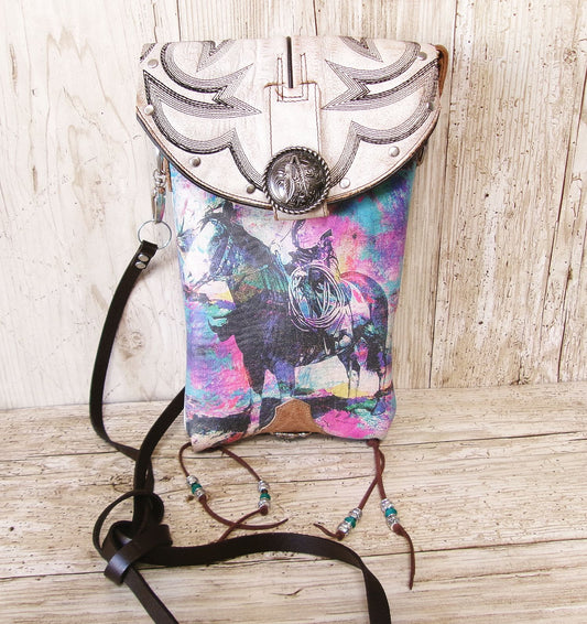 Colorful bag with horse design on a wooden surface